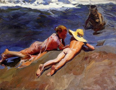 Op het zand, Valencia strand door Joaquín Sorolla